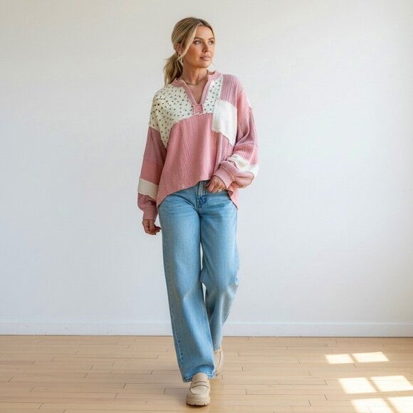 POL Womens Oversized Quilted Floral Patchwork Top SZ S Pink Cottage Boho - Picture 12 of 14